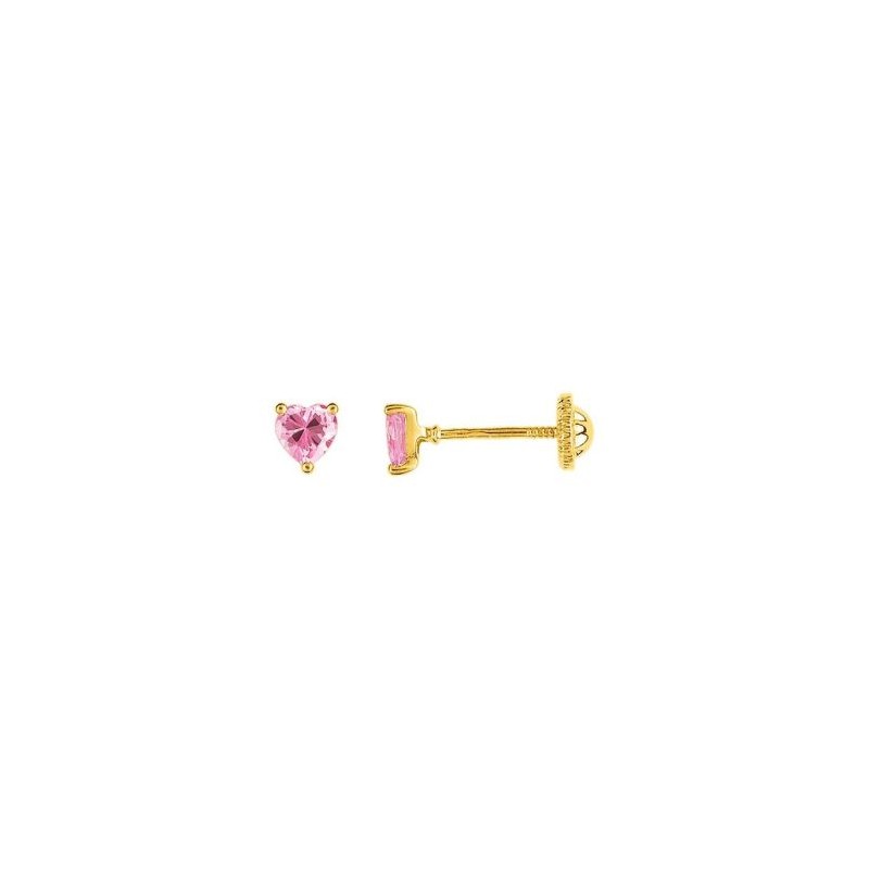 Pendientes para bebé en forma de corazón con circonita rosa y oro 18kt - AIK216
