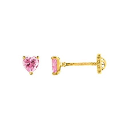 Pendientes para bebé en forma de corazón con circonita rosa y oro 18kt - AIK216