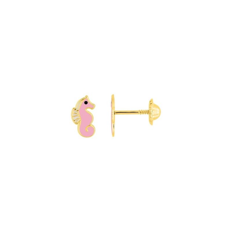Pendientes para bebé en forma caballito de mar con esmalte rosa  y oro 18kt - A8568