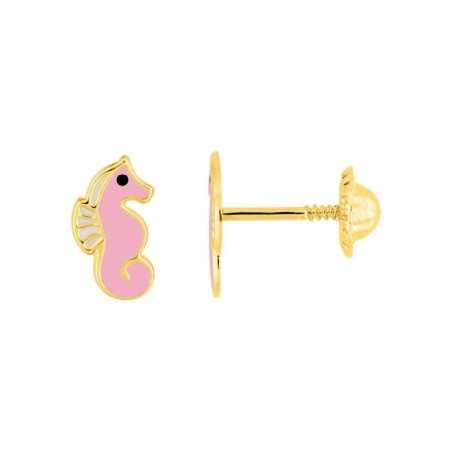 Pendientes para bebé en forma caballito de mar con esmalte rosa  y oro 18kt - A8568
