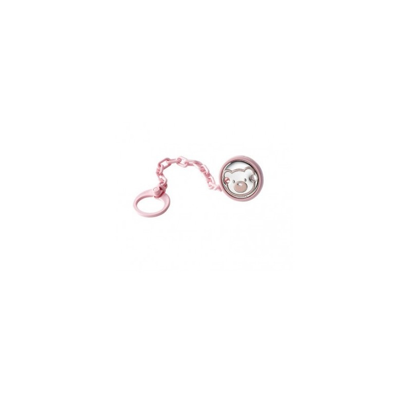 Pinza chupete bebé plata Ley 925m bilaminada 40mm. osito rosa cadena 17cm.